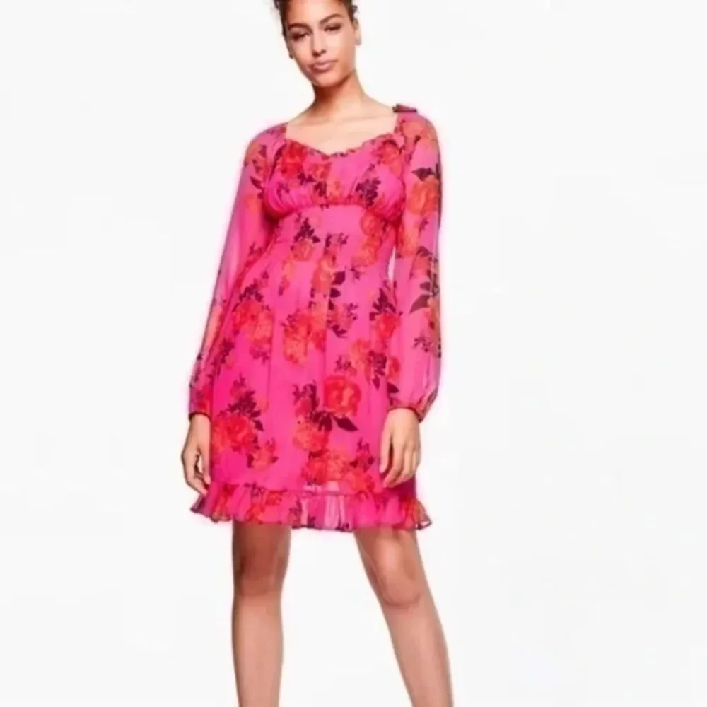Betsey Johnson Smocked Hot Pink Floral Babydoll Mini Dress w/ Long Sleeves Sz 6 - Picture 3 of 8